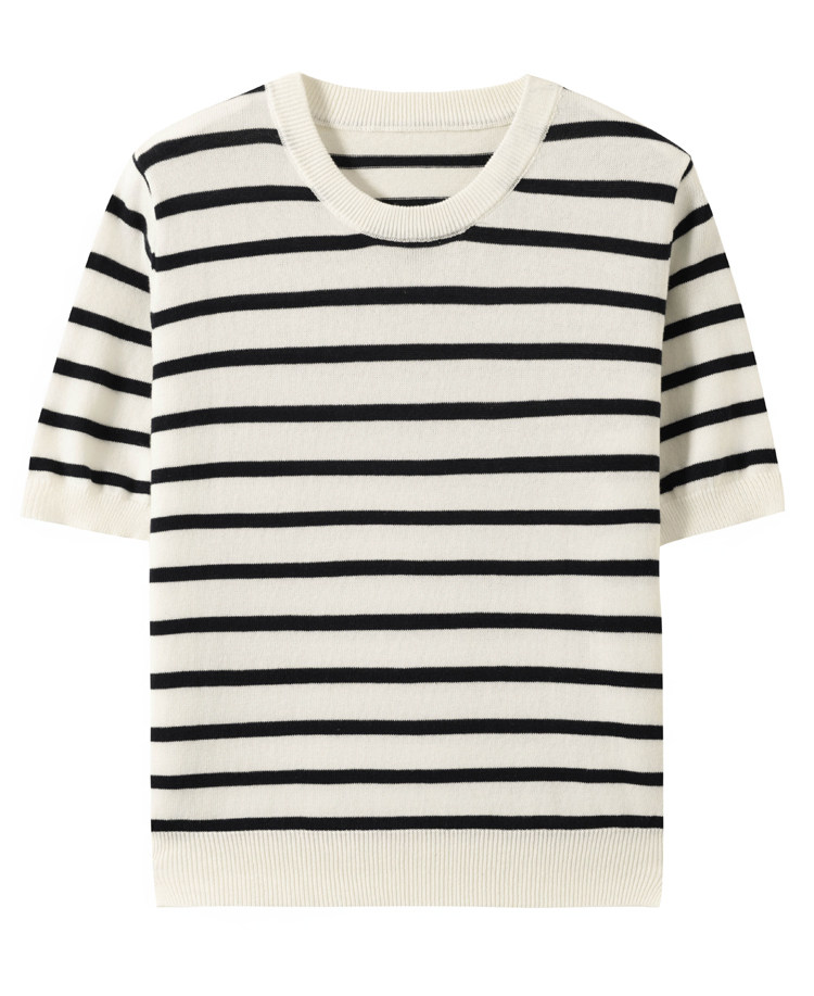 薄款针织衫女短袖条纹打底衫上衣2025年春夏新款，女装T恤，温瑞