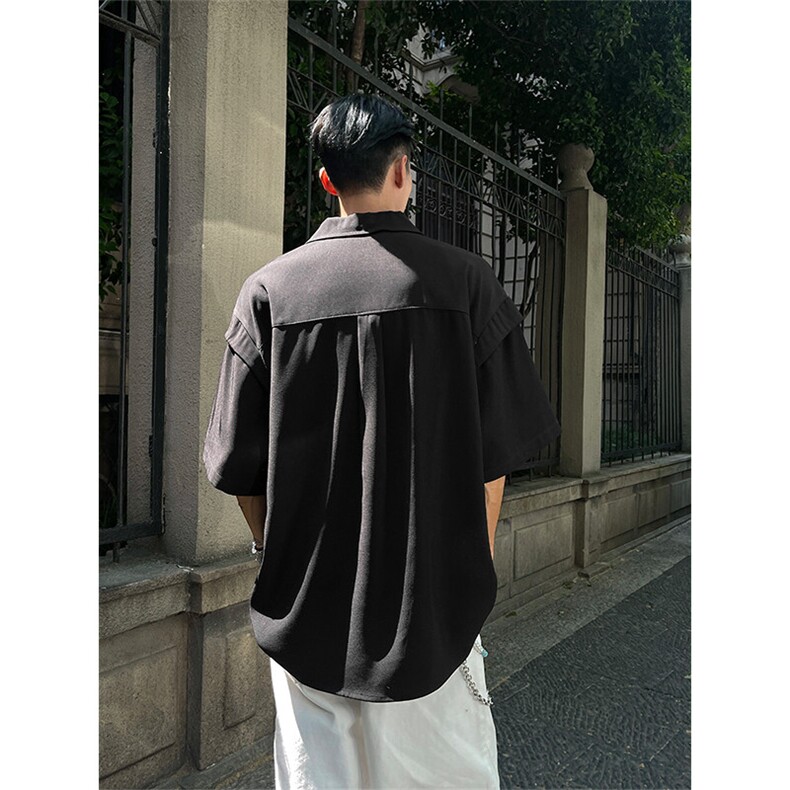 CS6019-P40控68夏季褶皱拼接短袖男宽松潮流冰丝衬衫,男装衬衫,电商A058-1（原电商C417）