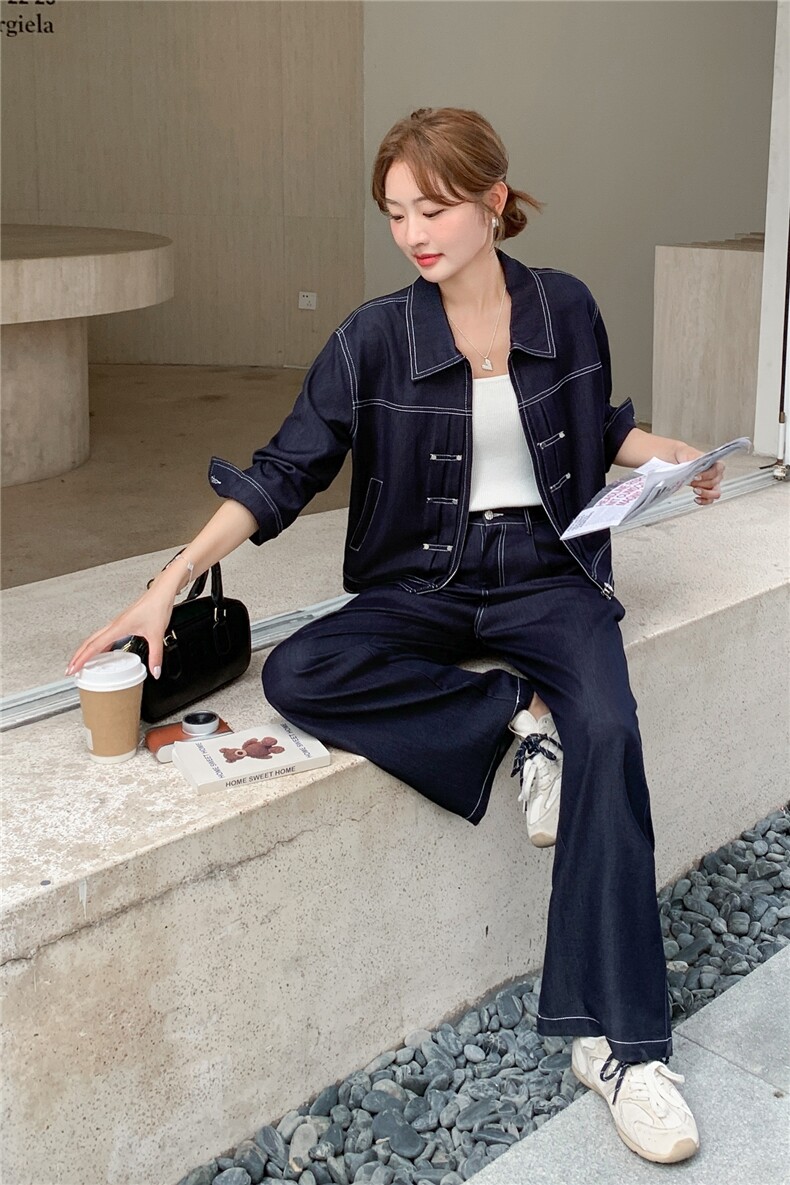 （新款现货）2026春装时尚潮流天丝牛仔拉链阔腿裤套装两件套,女装套装/套裙,印象茜