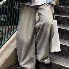 美式复古水洗做旧泼墨烟灰色牛仔裤男宽松弯刀廓形慵懒松弛感裤子，男装牛仔裤，星座506A