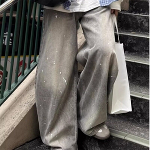 美式复古水洗做旧泼墨烟灰色牛仔裤男宽松弯刀廓形慵懒松弛感裤子图片