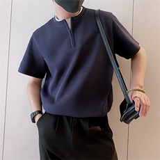 8972/P58控78夏季小伙假两件半拉链短袖T恤男轻奢老钱风上衣藏青2，男装T恤，星座305B