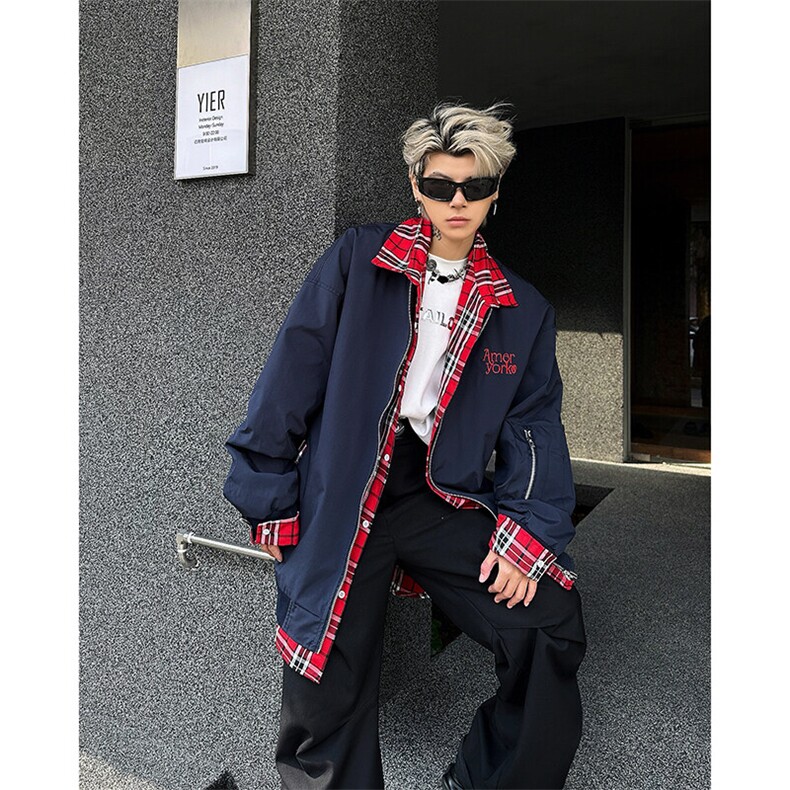 2025春装飞行员假两件夹克美式复古格子拼接棒球服A025-Y96-P75,男装夹克,电商A025