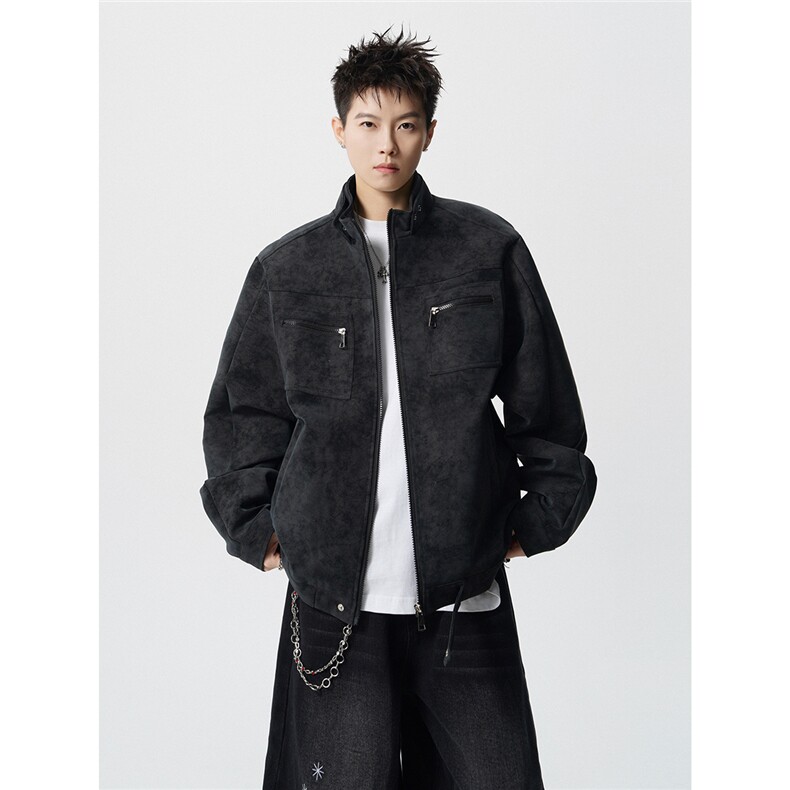 可二开雾霾扎染面料大码M-5XL工装拉链皮衣夹克男JK78100P90控128，男装夹克，星座227-7