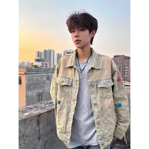 网红同款美式街头黄泥水洗做旧复古牛仔衣男女宽松潮牌夹克外套潮图片