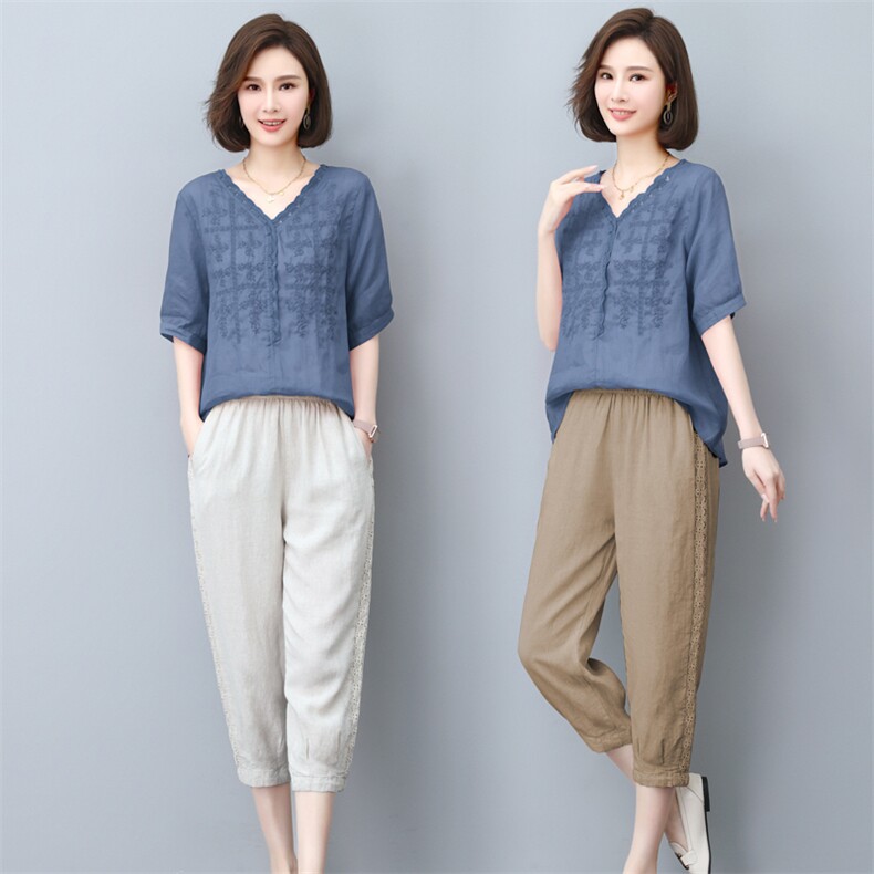 (新款)2025年夏季苎麻棉两件套女刺绣T恤中老年妈妈装三年不下架，女装套装/套裙，璐依舞