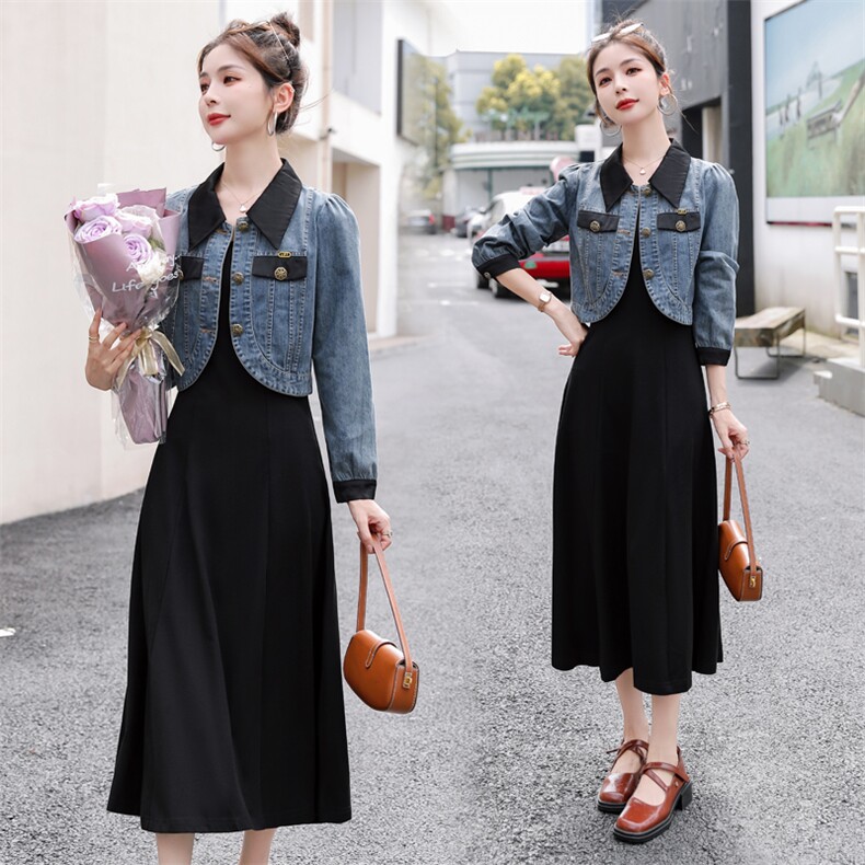 2024新款秋季新款女装韩版休闲牛仔连衣裙两件套，女装套装/套裙，靓星雨
