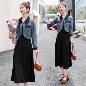 2024新款秋季新款女装韩版休闲牛仔连衣裙两件套，女装套装/套裙，靓星雨