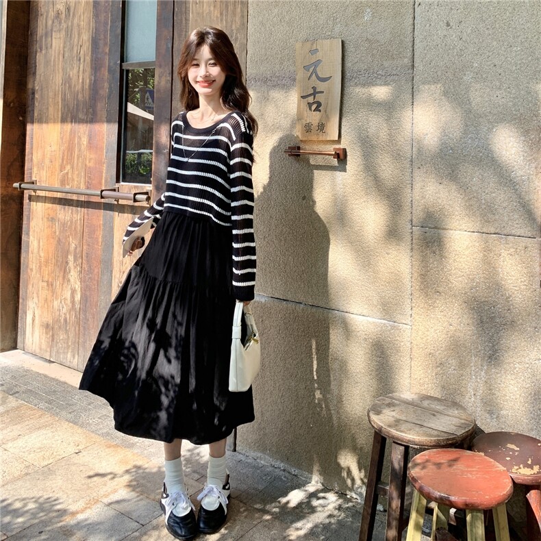 高级感气质减龄显瘦连衣裙女法式a字黑白条纹两件套吊带连衣裙,女装连衣裙,维壹