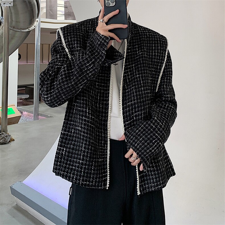 法式立领小香风珍珠设计感千鸟格宽松西服X13/P70降，男装西服，电商A243