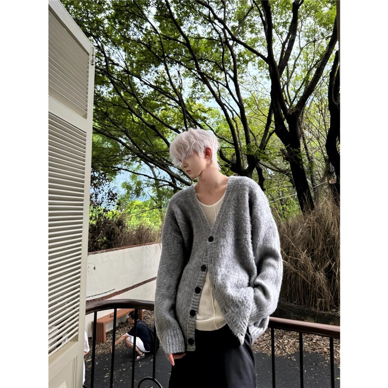 灰色V领针织开衫毛衣男复古cleanfit马海毛宽松慵懒高级感外套秋,男装针织衫/毛衣,星座807-3