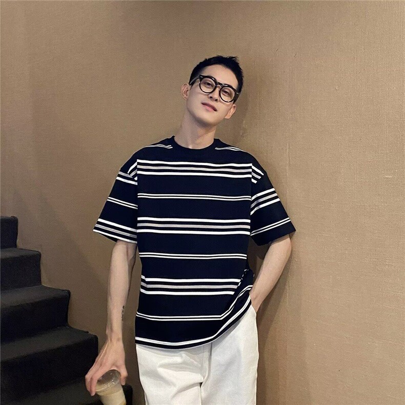W9473-P33 网图现货 美式复古黑白条纹短袖t恤夏季休闲宽松半袖潮图片