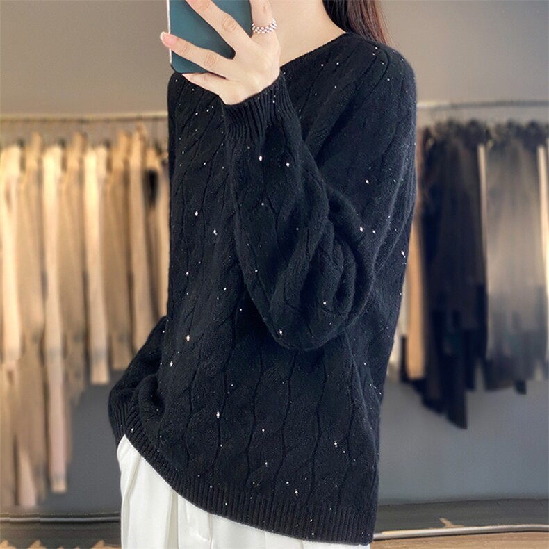优雅麻花编织羊毛套头毛衣秋冬必备保暖时尚单品,女装羊毛衫,暖烁羊绒