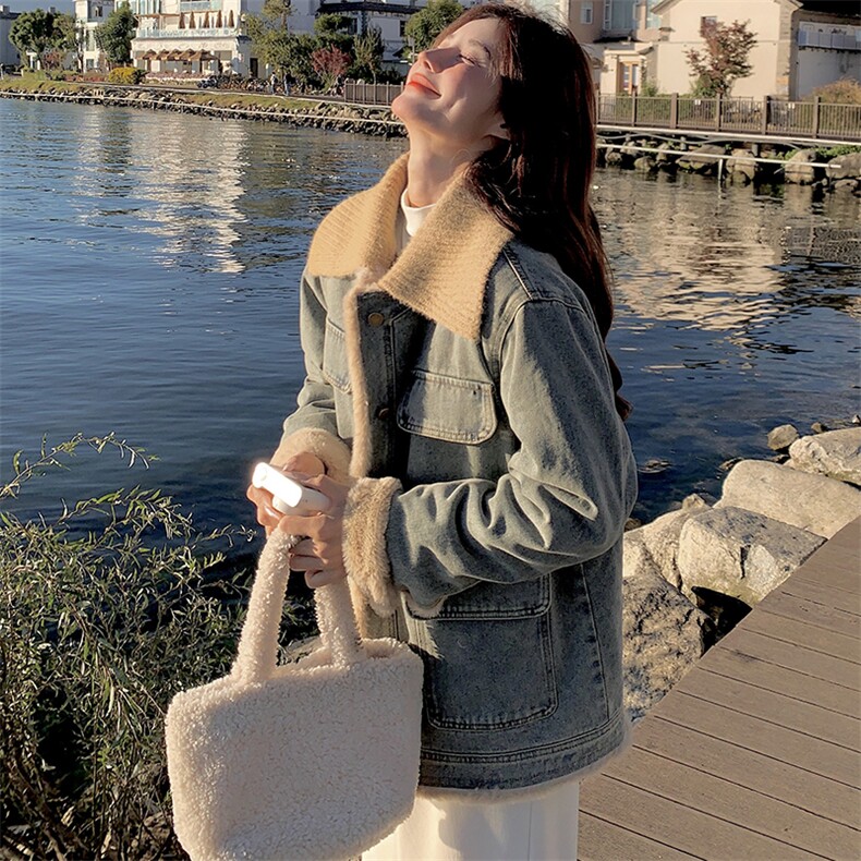 (现货新款）2025冬装时尚休闲翻领加绒牛仔外套女（领子可脱卸），女装牛仔外套，印象茜