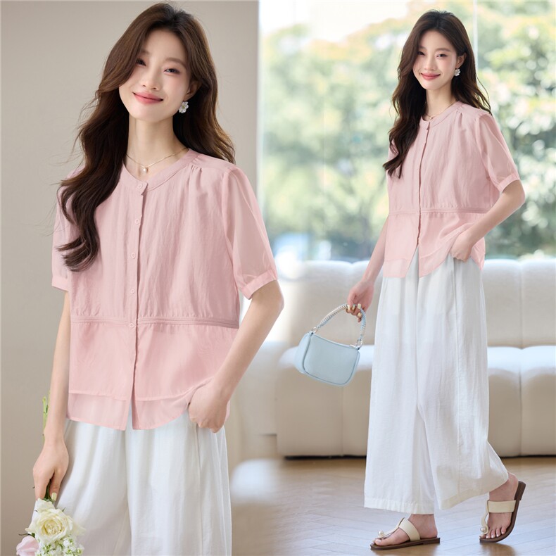 今年流行的女装套装女夏2025高级感短袖衬衫上衣白色阔腿裤两件套，女装套装/套裙，木子恋
