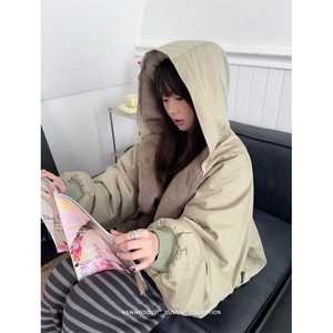 三色棉花糖两面穿仿貂毛座山雕连帽棉服皮草外套M6041