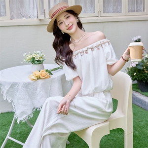 现货新款气质套装女2025年夏季新款一字领衬衫阔腿长裤两件套图片