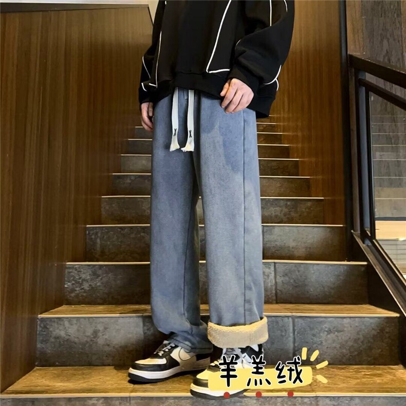 羊羔绒牛仔裤男秋冬季加绒加厚裤子潮牌直筒阔腿裤潮牌8064-P60,男装牛仔裤,星座1008