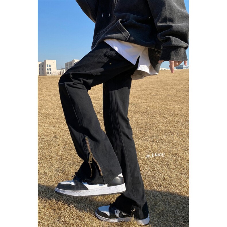 高街牛仔裤黑白色拉链款微喇叭裤715-6-BX08P65（控88）,男装牛仔裤,星座715-6