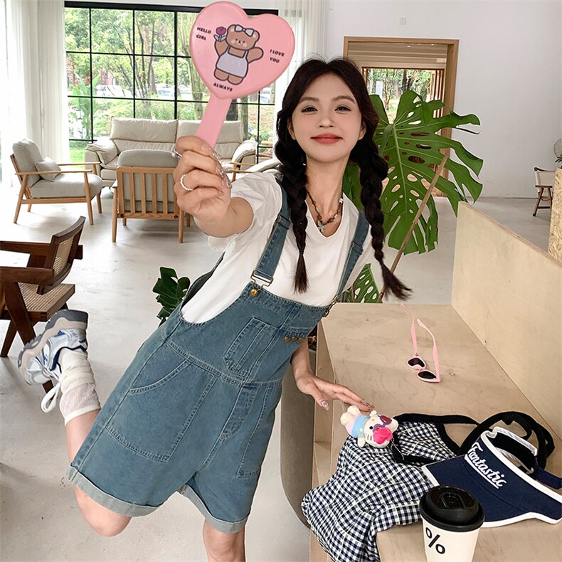 韩版俏皮减龄牛仔背带短裤套装女2025夏季新款显瘦休闲T恤两件套,女装套装/套裙,多米2-075