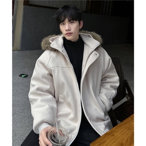 现货冬季新款连帽可拆卸毛领呢料棉服男女情侣款棉衣特p98