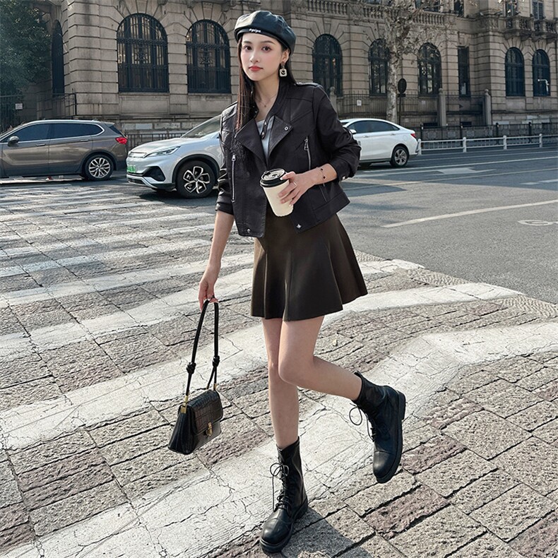 【春装现货】美拉德网红风格皮衣修身减龄外套2024年春季,女装皮衣,江南女神