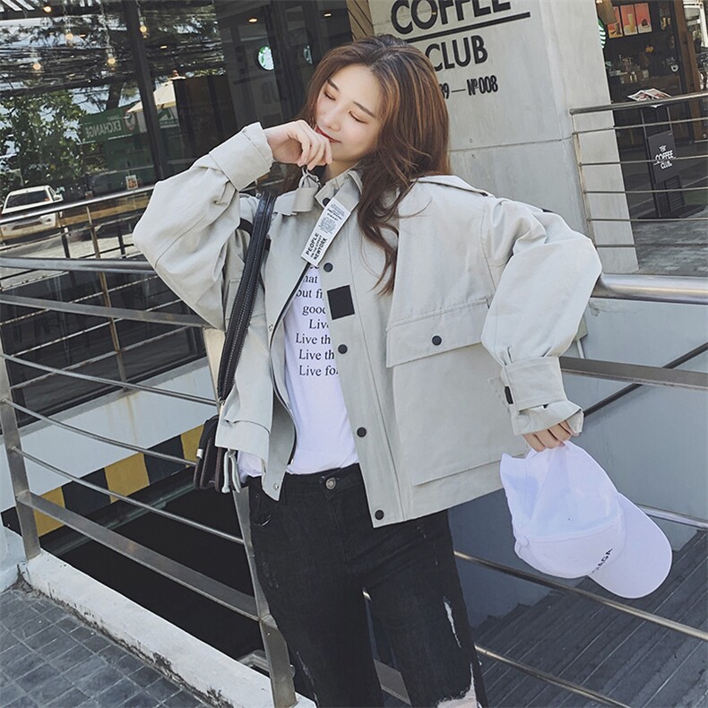 今年流行工装风衣外套女秋季新款宽松显瘦短款韩版棒球服夹克上衣,女装风衣,拾菱