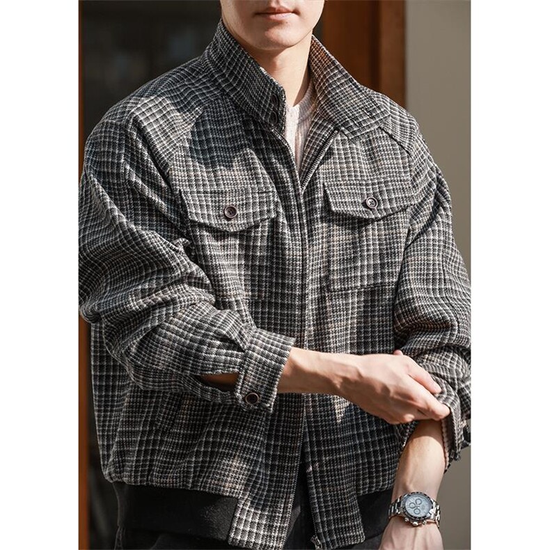 新款复古老钱风立领大码千鸟格短款夹克外套男J5263-特P75控138，男装夹克，电商A001-1