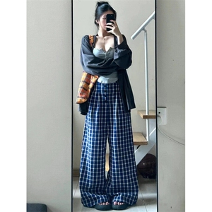 DK603-P55露丝同款格子宽松阔腿裤单排多扣垂感休闲裤-网图大货图片