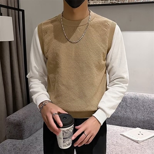 轻熟风拼接卫衣男秋冬季圆领打底衫青年修身撞色休闲毛衣 Q222图片