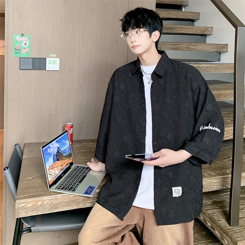 1港风花型七分袖衬衫男大码M-5XL风情侣衬衫男QCS7023P45控68，男装衬衫，星座226-2