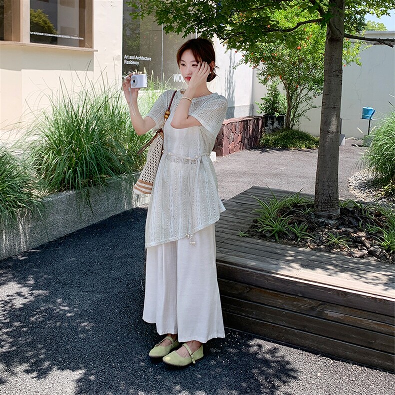 冷淡系松弛感罩衫阔腿裤套装女2025夏新款韩系气质收腰显瘦两件套,女装套装/套裙,2C029
