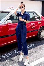 2024夏季新款简约时尚个性气质翻领抽绳收腰显瘦牛仔连体长裤，女装连体裤，瑶迪依秀