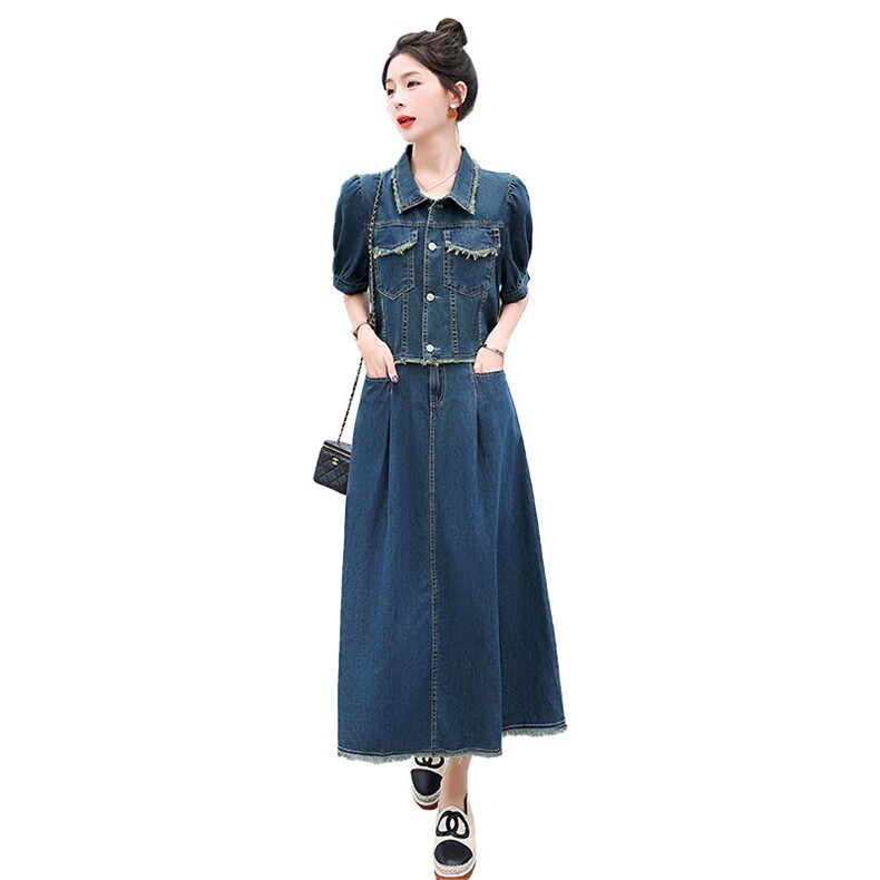 高级感纯棉牛仔套装裙女2024夏季新款高腰法式复古半身裙子两件套,女装套装/套裙,曼琳思菲