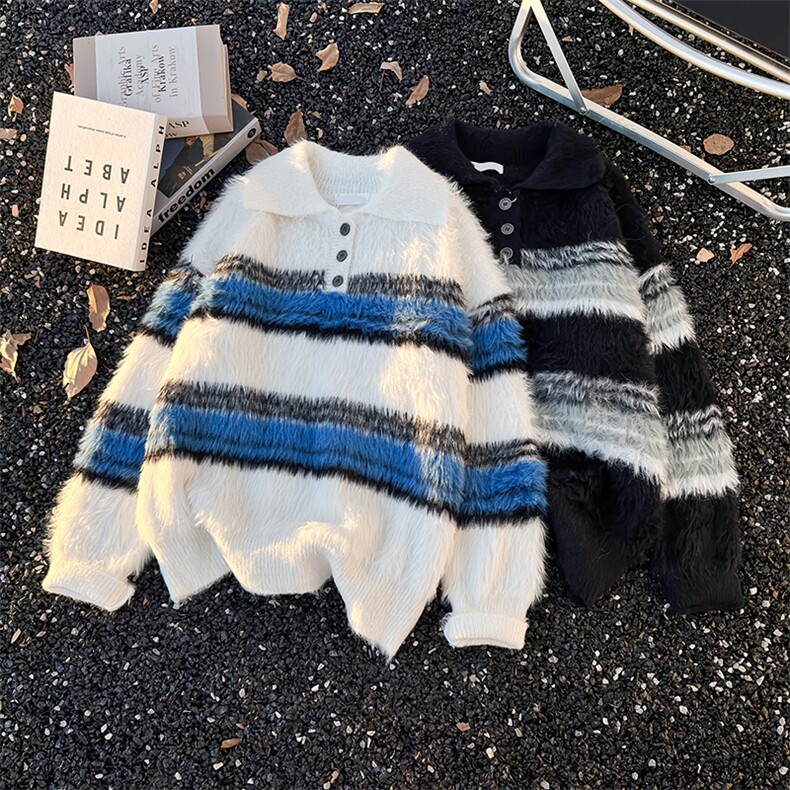 长豹毛刷毛POLO领纽扣条纹毛衣情侣秋冬慵懒针织衫男MY09819-P58图片