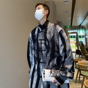 风男装衬衫长袖小众设计感复古盘扣衬衣高级感水墨染外套潮牌图片