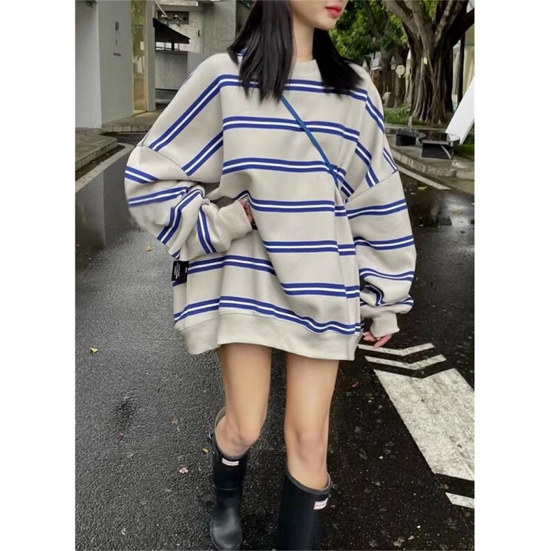 5508-P60新款韩版中长宽松圆领条纹卫衣t恤上衣,女装T恤,星座617A-2