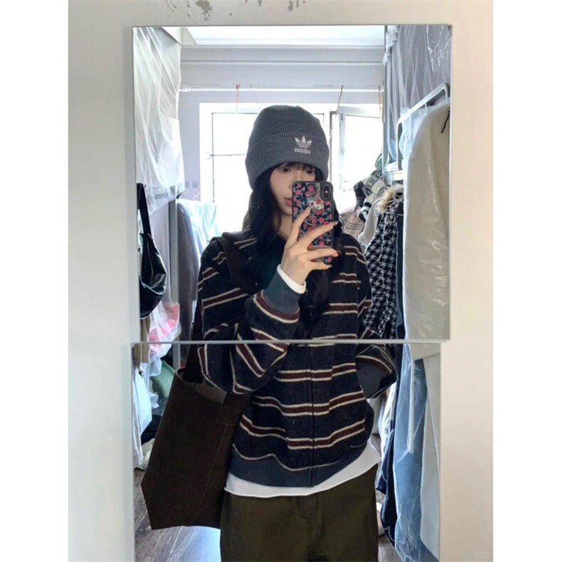 KK103-P75复古条纹拼色连帽拉链卫衣女春秋宽松开衫帽衫,男装卫衣,电商B323A