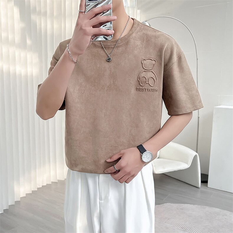 纯色麂皮绒400g重磅小领口短袖T恤男夏美式复古潮牌潮流,男装T恤,电商A011（原4039）