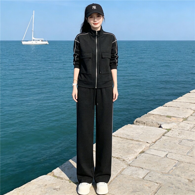 欧货时尚休闲运动套装秋季新款女双口袋立领卫衣直筒长裤两件套潮,女装套装/套裙,江南