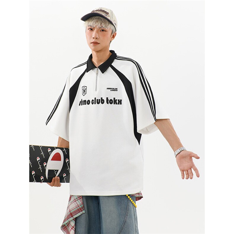 405A高街美式翻领半拉链设计感印花polo短袖T恤T2541-P45控68,男装T恤,星座405A