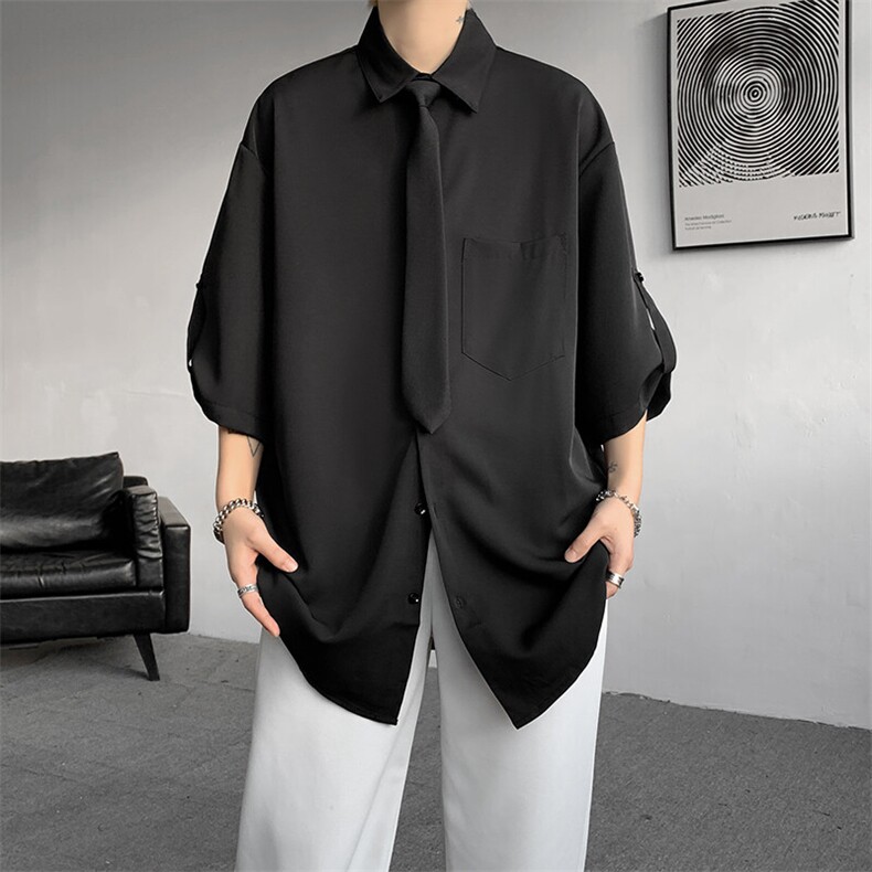 M-8XL领带衬衫短袖特大码垂坠感夏季冰丝外套DK制服衬衣DC5005P45，男装衬衫，电商B238