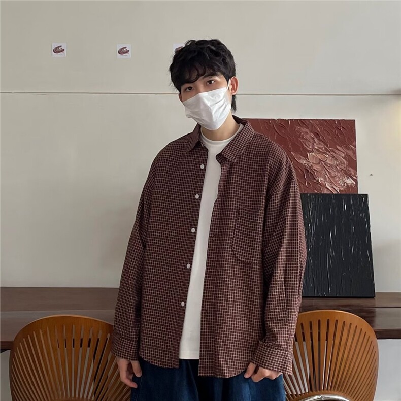 秋冬美式复古撞色小格子衬衫休闲宽松百搭情侣翻领衬衣长袖,男装衬衫,星座506A