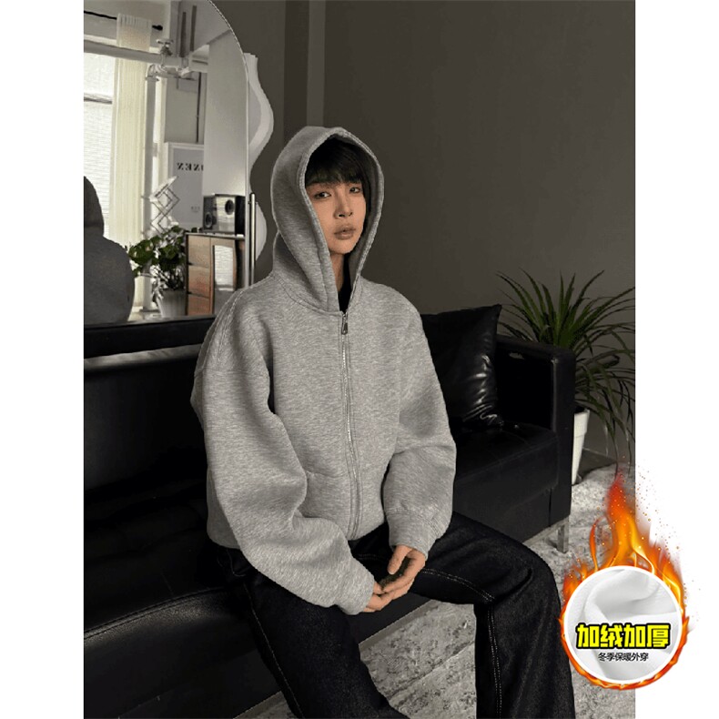 480G重磅加绒硬挺boxy男女秋冬美式高街结构双拉链开衫卫衣厚外套，女装短外套，电商A486