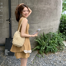 姜黄色韩系无袖V领背心短裤套装女25夏季独特漂亮气质显瘦两件套，女装套装/套裙，2C159