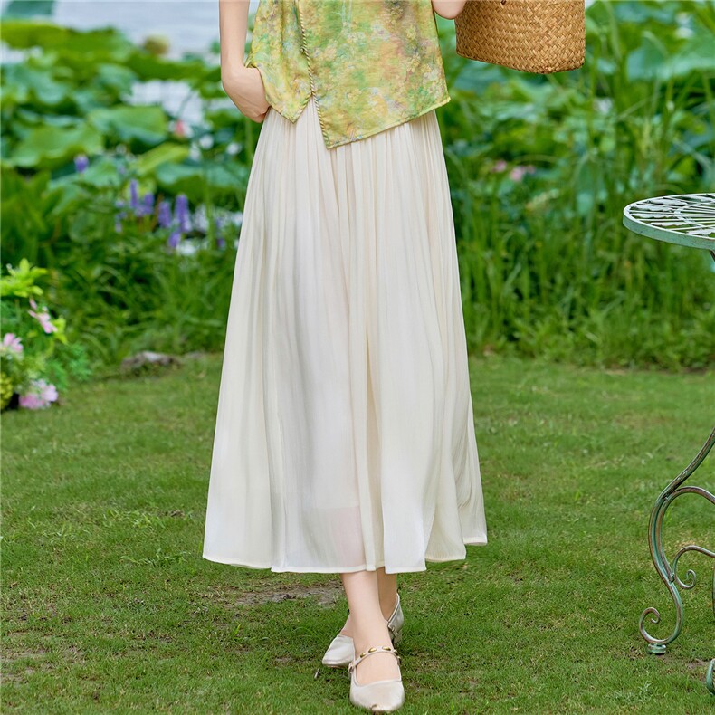 现货米黄色中长半身裙女2026夏季A字大摆伞裙纱幕半身裙子中老年,女装半身裙,璐依舞