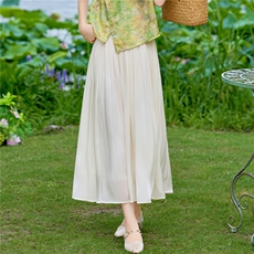 现货米黄色中长半身裙女2026夏季A字大摆伞裙纱幕半身裙子中老年，女装半身裙，璐依舞
