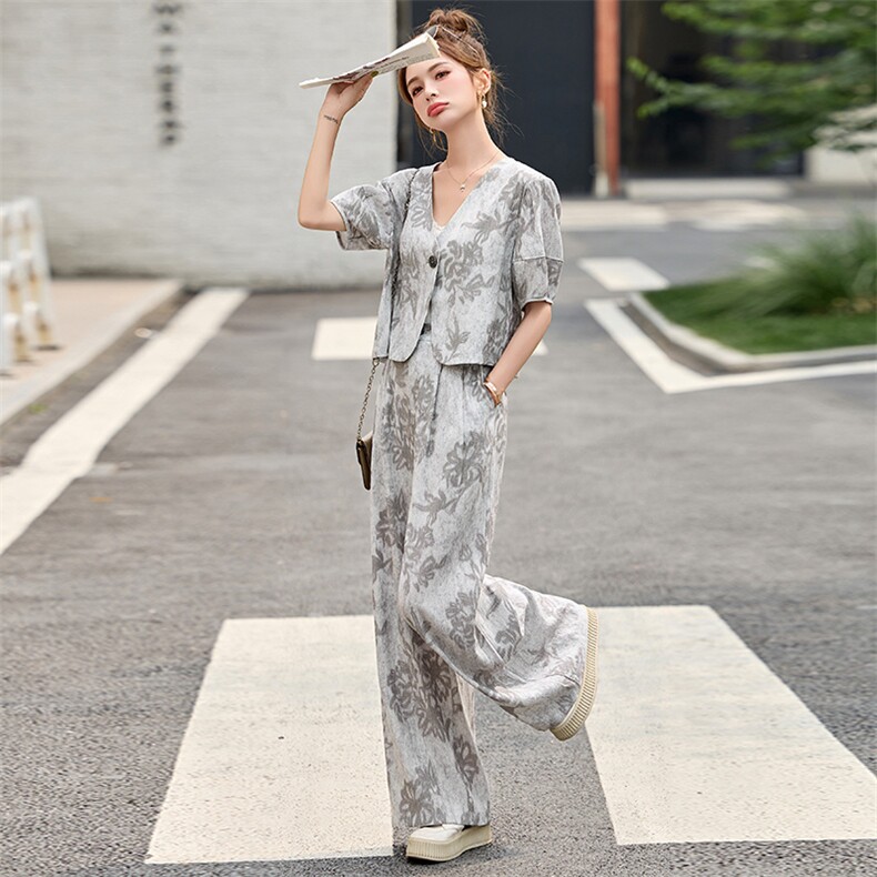 老钱风棉麻短袖套装女2025夏季气质休闲高级垂感高腰阔腿裤两件套,女装套装/套裙,蓝朵琳