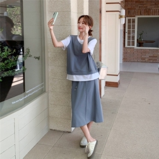 假两件拼接上衣半身裙套装女夏季2025年新款高级感气质休闲两件套，女装套装/套裙，2C205