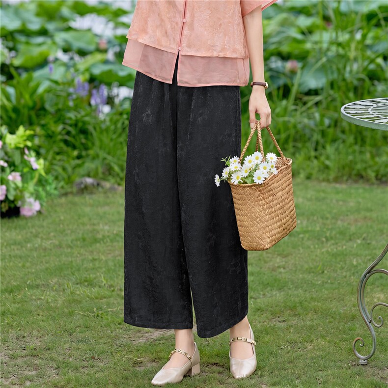 现货提花休闲裤女中年2026夏新中式款松紧腰宽松大码显瘦阔腿裤子,女装休闲裤,璐依舞